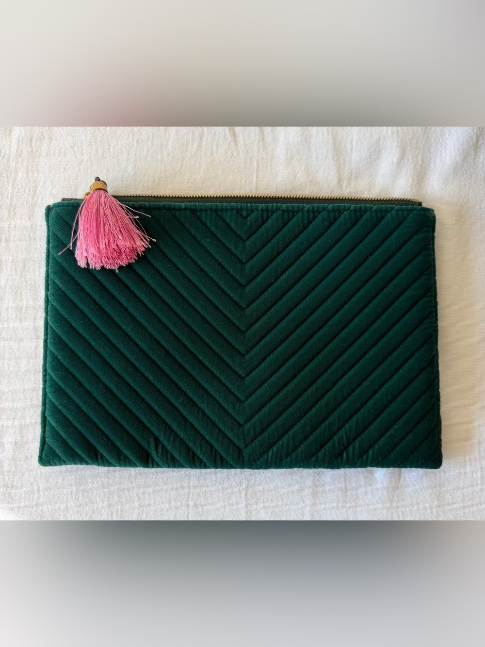 J. Crew Chevron Green Velvet Zipper Clutch with Pink Tassel. NWT